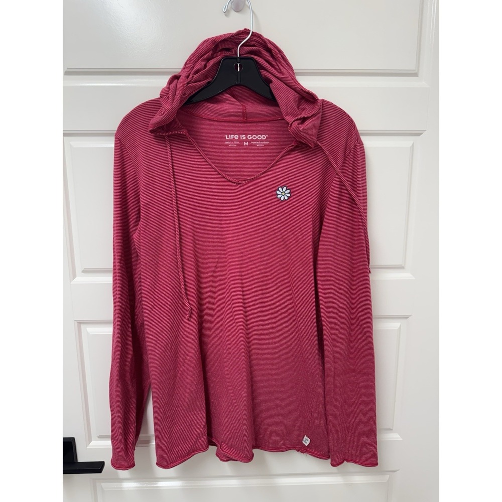 Life Is Good Womens Medium Red Striped Long Sleeve Hoodie T-Shirt Daisy Flower